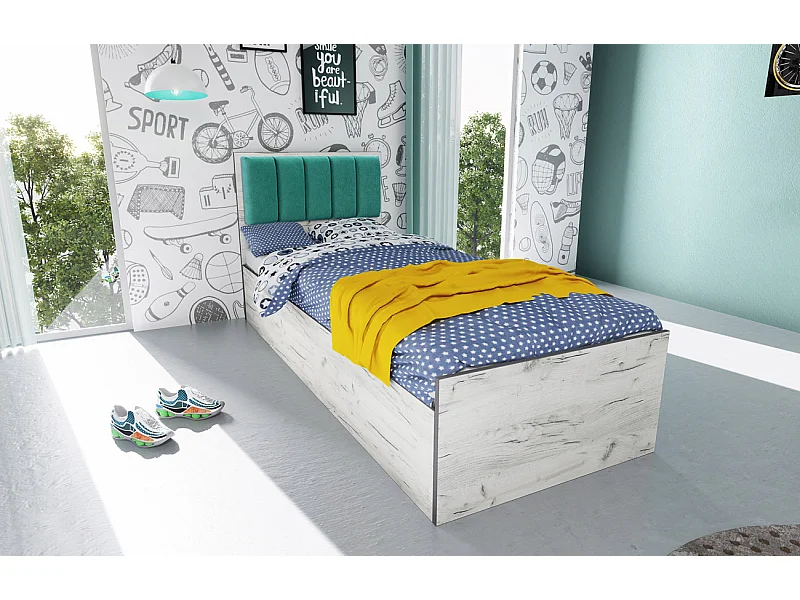 Letto singolo contenitore con testiera imbottita 90x200 bianco legno e blu LI34