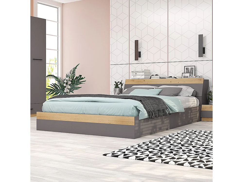 Letto matrimoniale contenitore 160x200 cm con testiera portaoggetti in grafite e rovere LG65