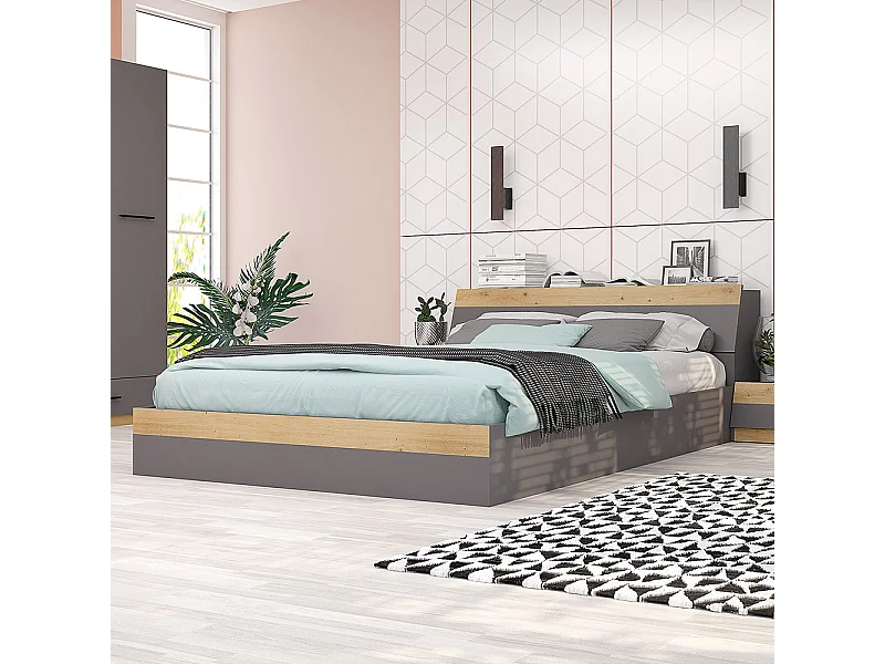 Letto matrimoniale contenitore 160x200 cm con testiera portaoggetti in grafite e rovere LG65