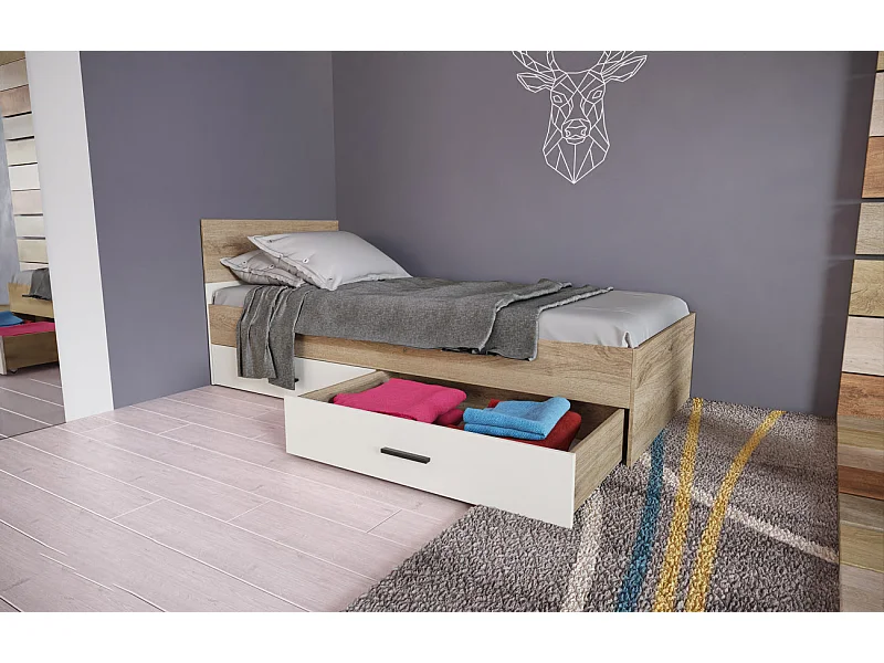 Letto singolo moderno con due cassettoni per camera da letto 90x200 rovere e bianco LI28