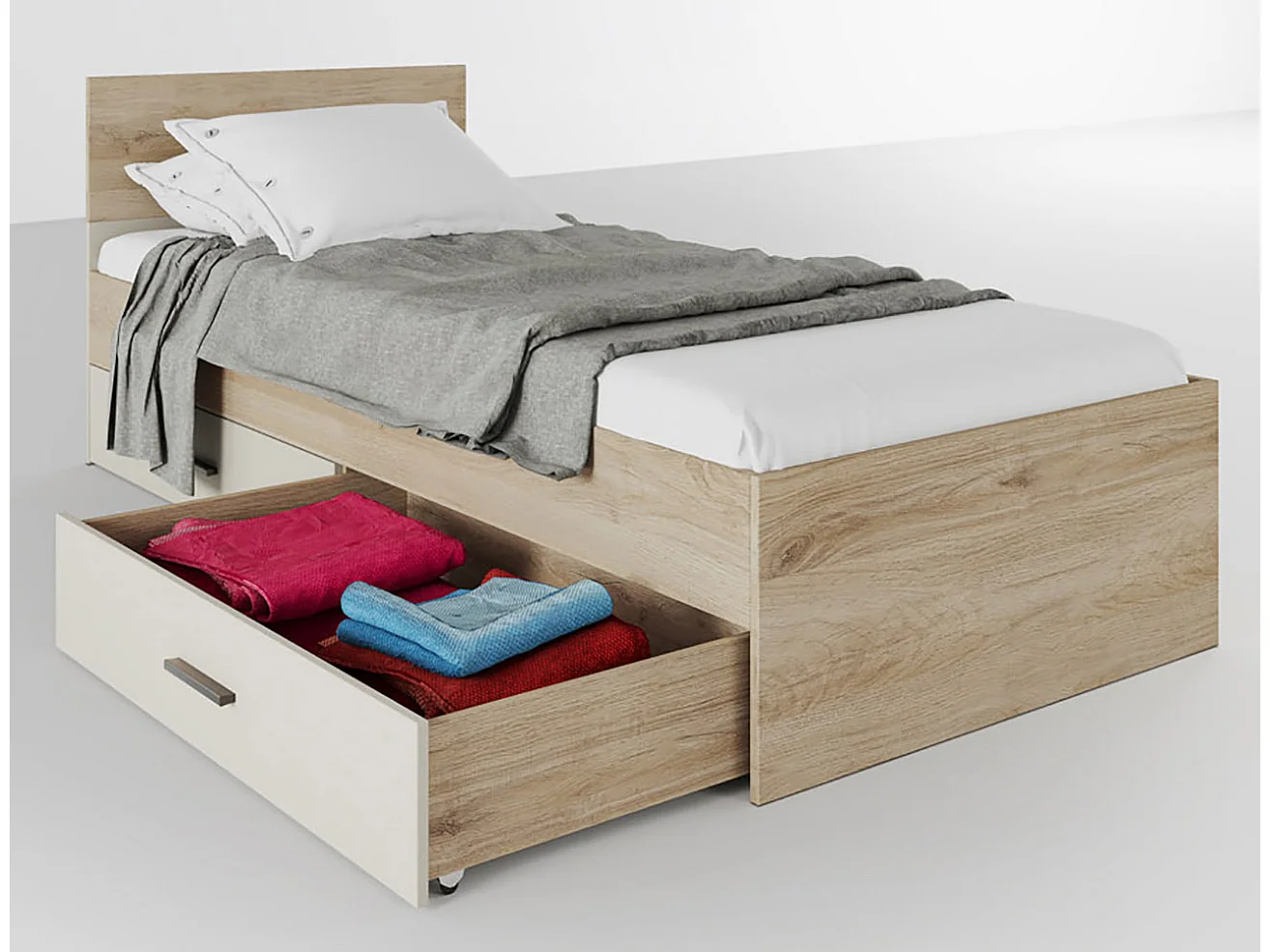 Letto singolo moderno con due cassettoni per camera da letto 90x200 rovere e bianco LI28