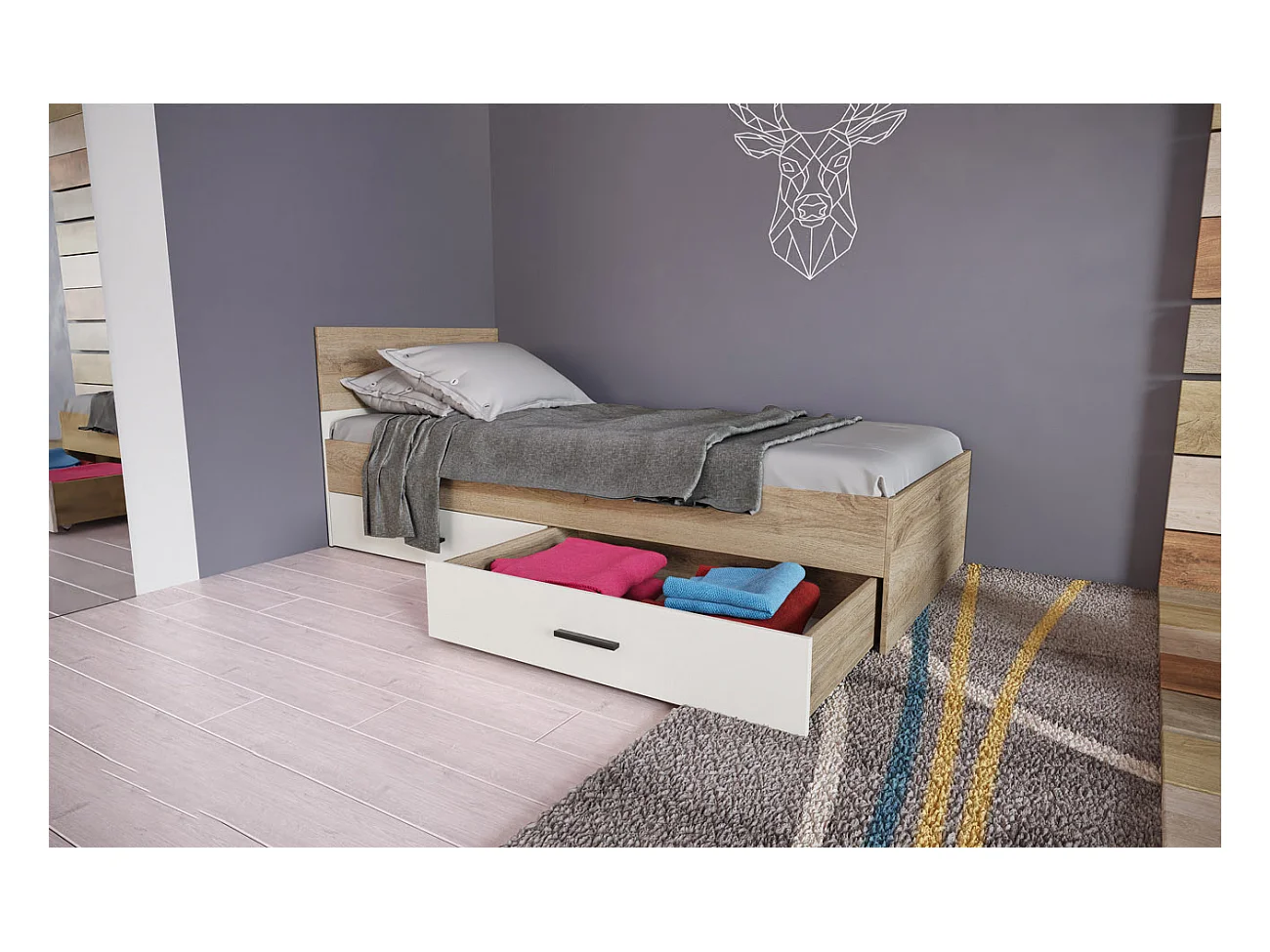 Letto singolo moderno con due cassettoni per camera da letto 90x200 rovere e bianco LI28