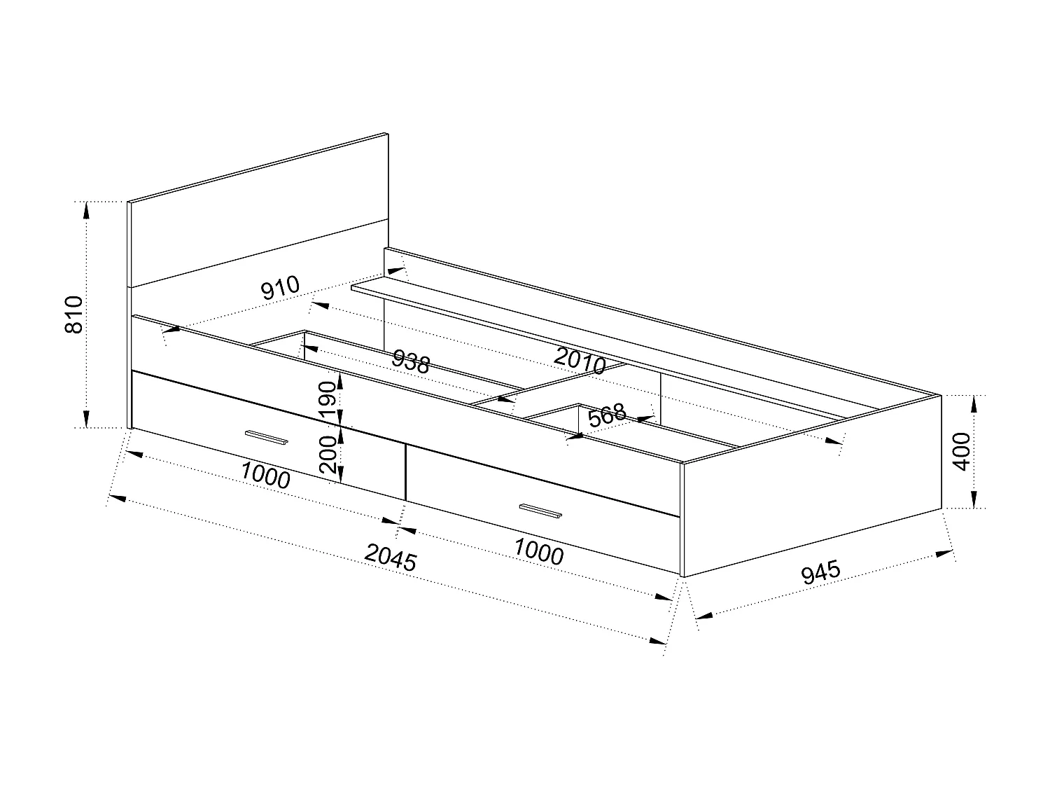Letto singolo moderno con due cassettoni per camera da letto 90x200 rovere e bianco LI28