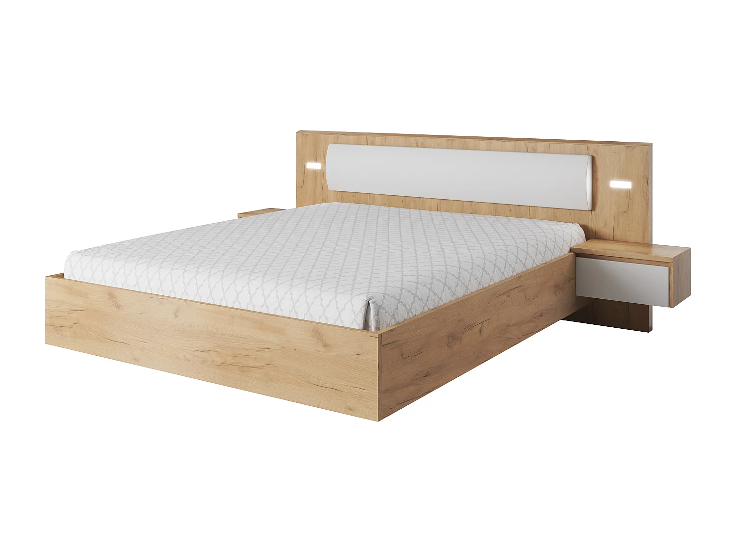 Letto matrimoniale contenitore con comodini e luci LED 160X200cm rovere e bianco LLK12