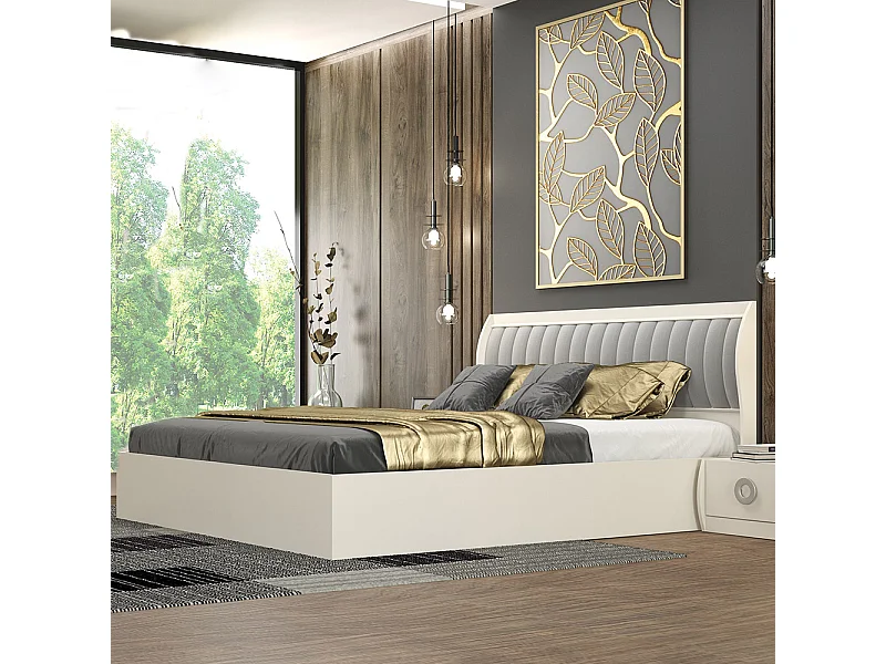 Letto matrimoniale contenitore 160x200 cm con testiera imbottita cashmere e grigio LG32