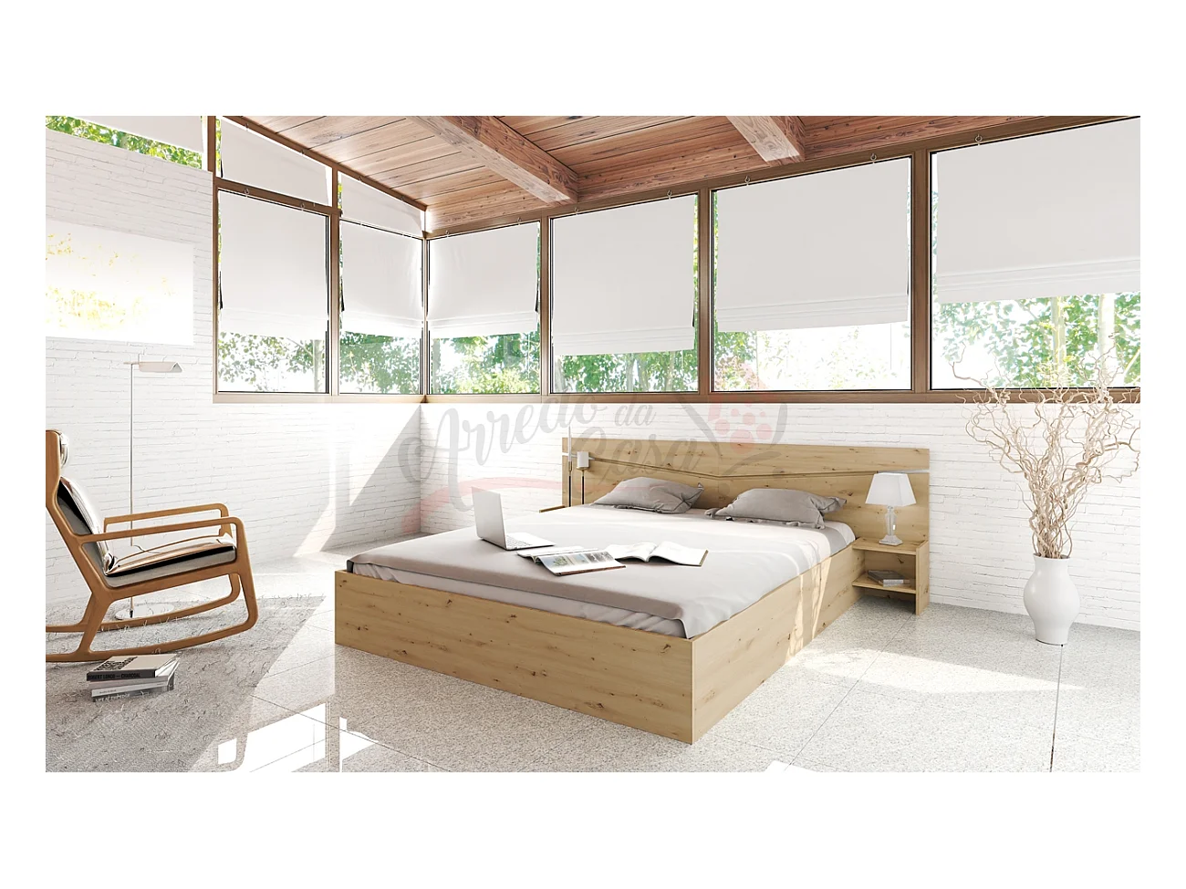 Letto matrimoniale contenitore con comodini a due ripiani 200x160 rovere LI2007