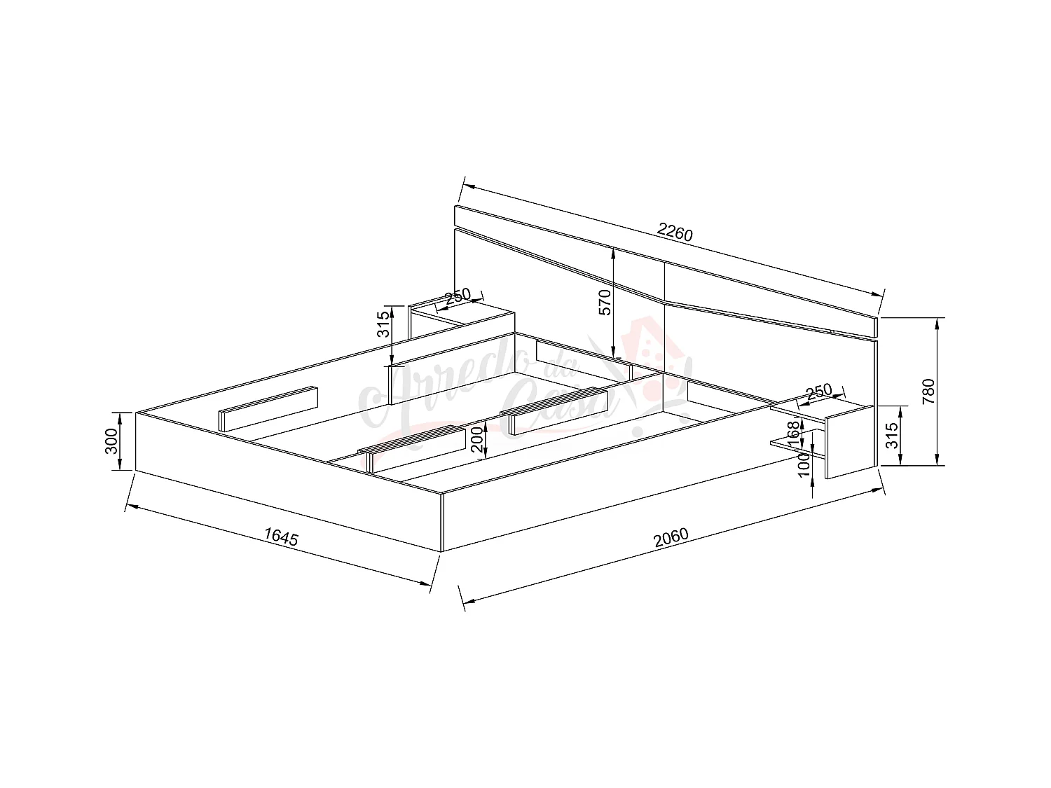 Letto matrimoniale contenitore con comodini a due ripiani 200x160 rovere LI2007