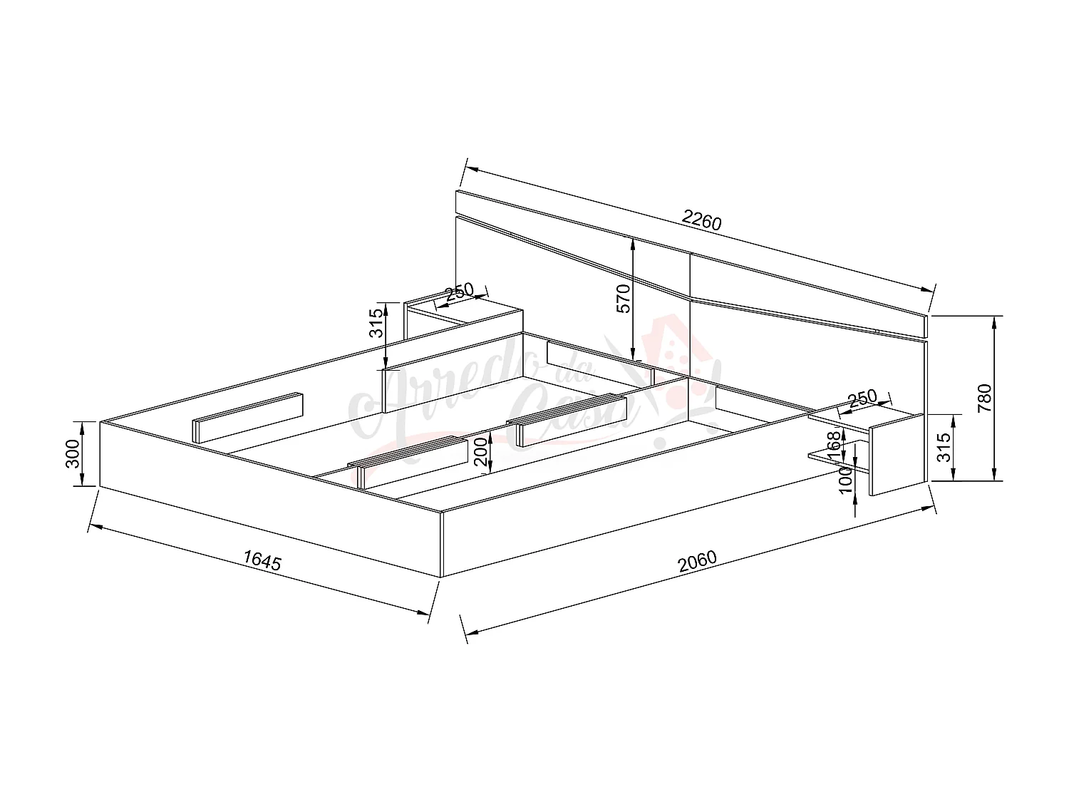 Letto matrimoniale contenitore con comodini a due ripiani 200x160 rovere LI2007
