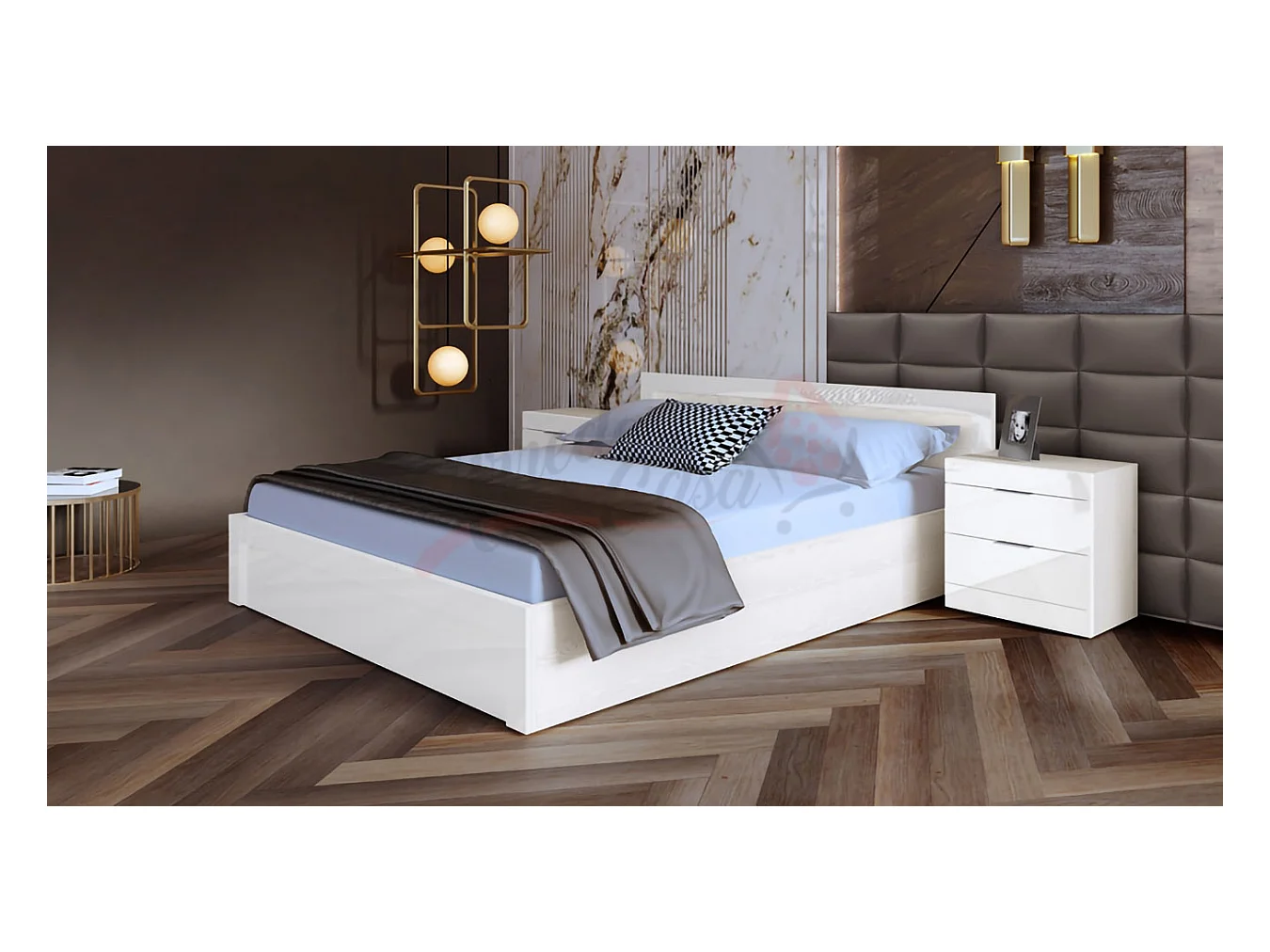 Letto matrimoniale design moderno con comodini laterali 200x160 bianco lucido LI4