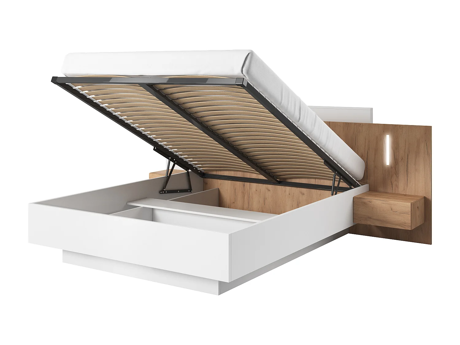 Letto matrimoniale contenitore con comodini e luci LED 160X200cm bianco e rovere LLK13