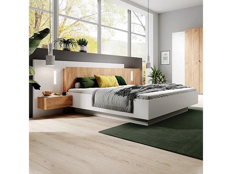 Letto matrimoniale contenitore con comodini e luci LED 160X200cm bianco e rovere LLK13