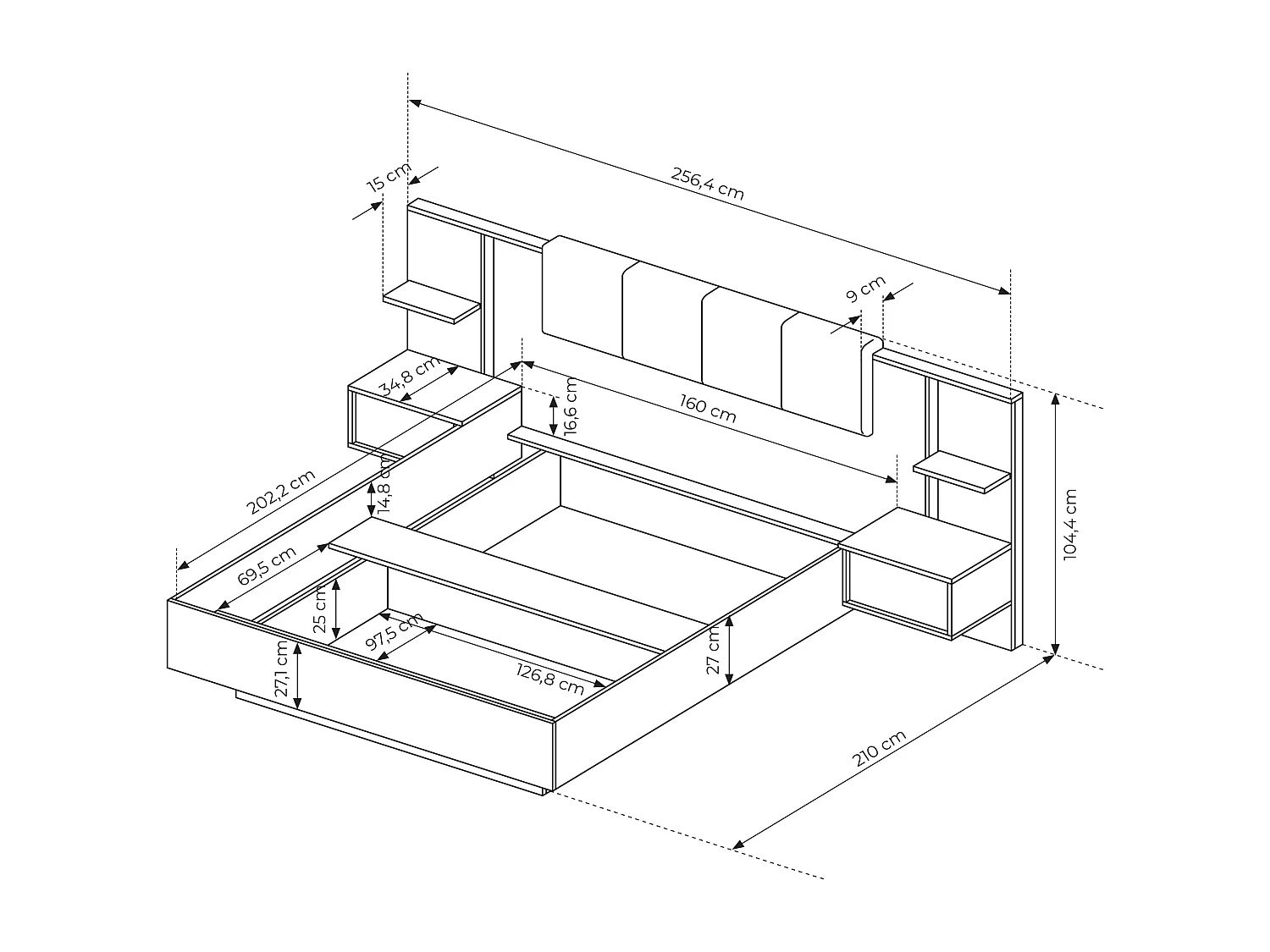 Letto matrimoniale contenitore con comodini 160X200cm con luci LED beige LLK4