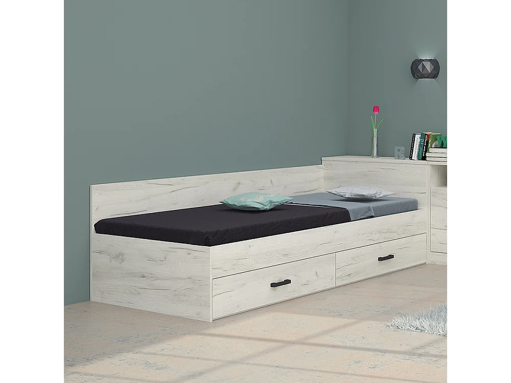 Letto singolo a una piazza con due cassetti inferiori 190x82 bianco legno LMG1