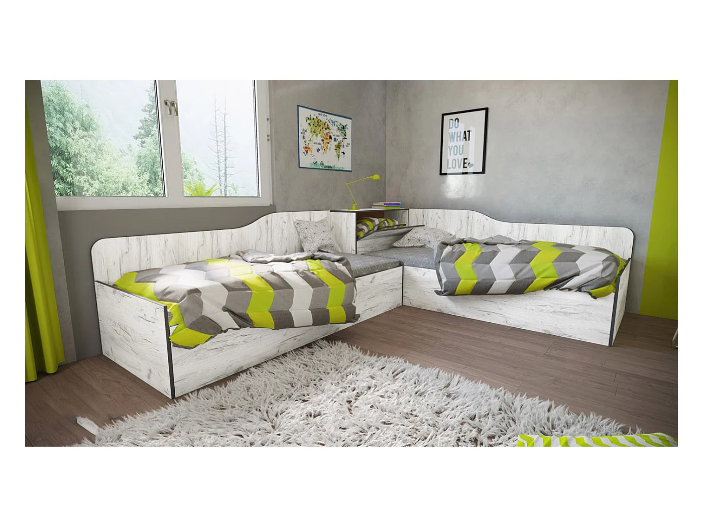 Coppia di letti singoli a contenitore con baule stile naturale 90x200 bianco legno LI40