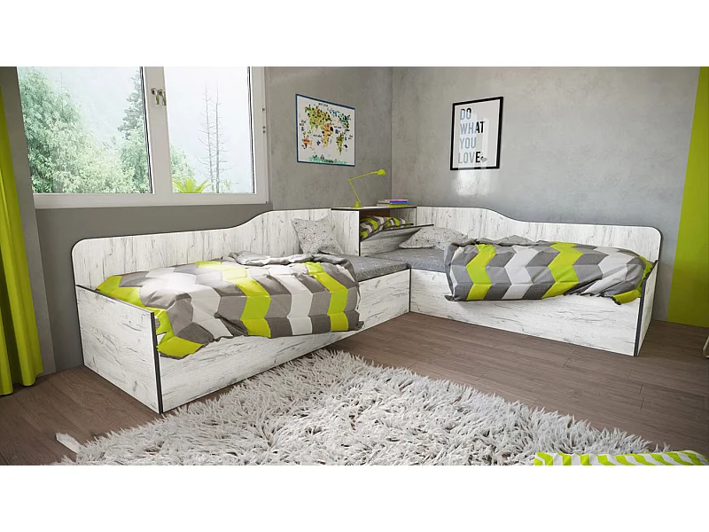 Coppia di letti singoli a contenitore con baule stile naturale 90x200 bianco legno LI40