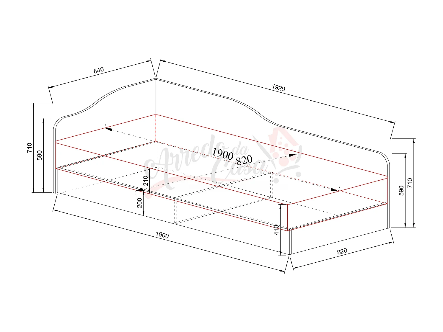 Letto singolo con contenitore ad angolo effetto legno 190x71 noce chiaro LI2004