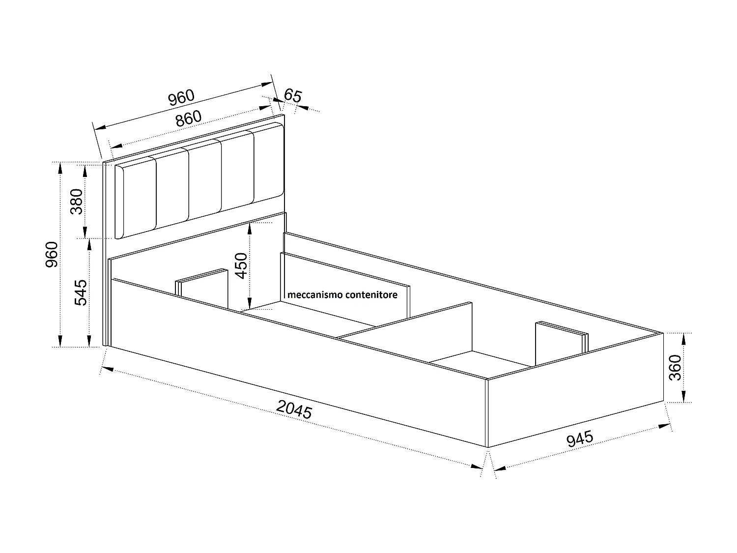 Letto singolo contenitore con testiera imbottita 90x200 bianco legno e verde LI34