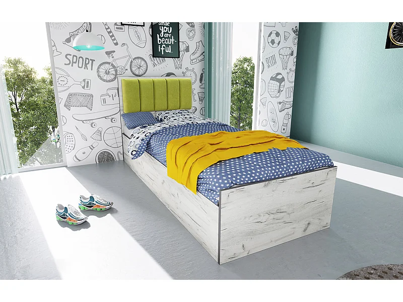 Letto singolo contenitore con testiera imbottita 90x200 bianco legno e verde LI34