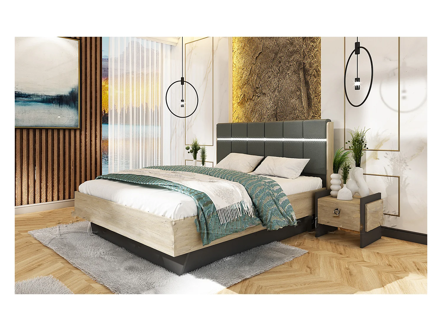 Letto matrimoniale contenitore con comodini 160x200cm grafite quercia beige LU44