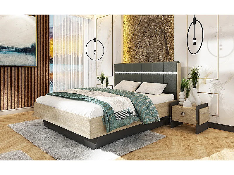 Letto matrimoniale contenitore con comodini 160x200cm grafite quercia beige LU44