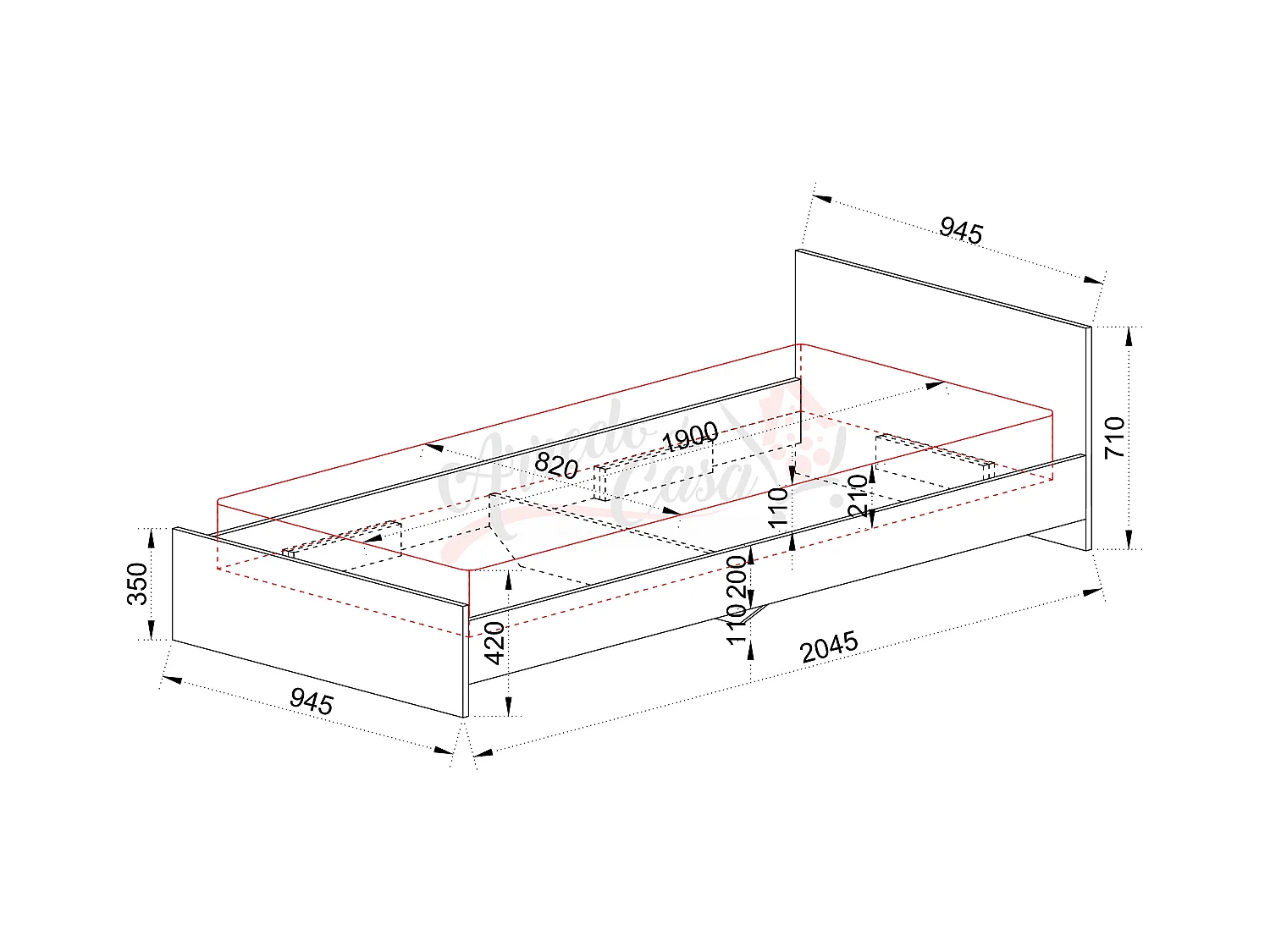 Letto singolo design classico effetto legno 200x90 noce LI2006