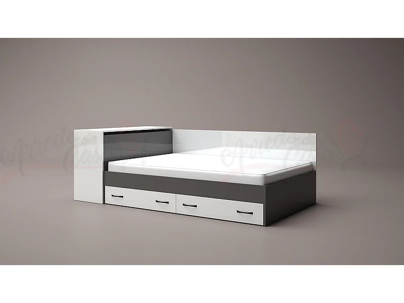 Letto a una piazza e mezza contenitore effetto legno 190x120 bianco lucido e grigio lucido LG3
