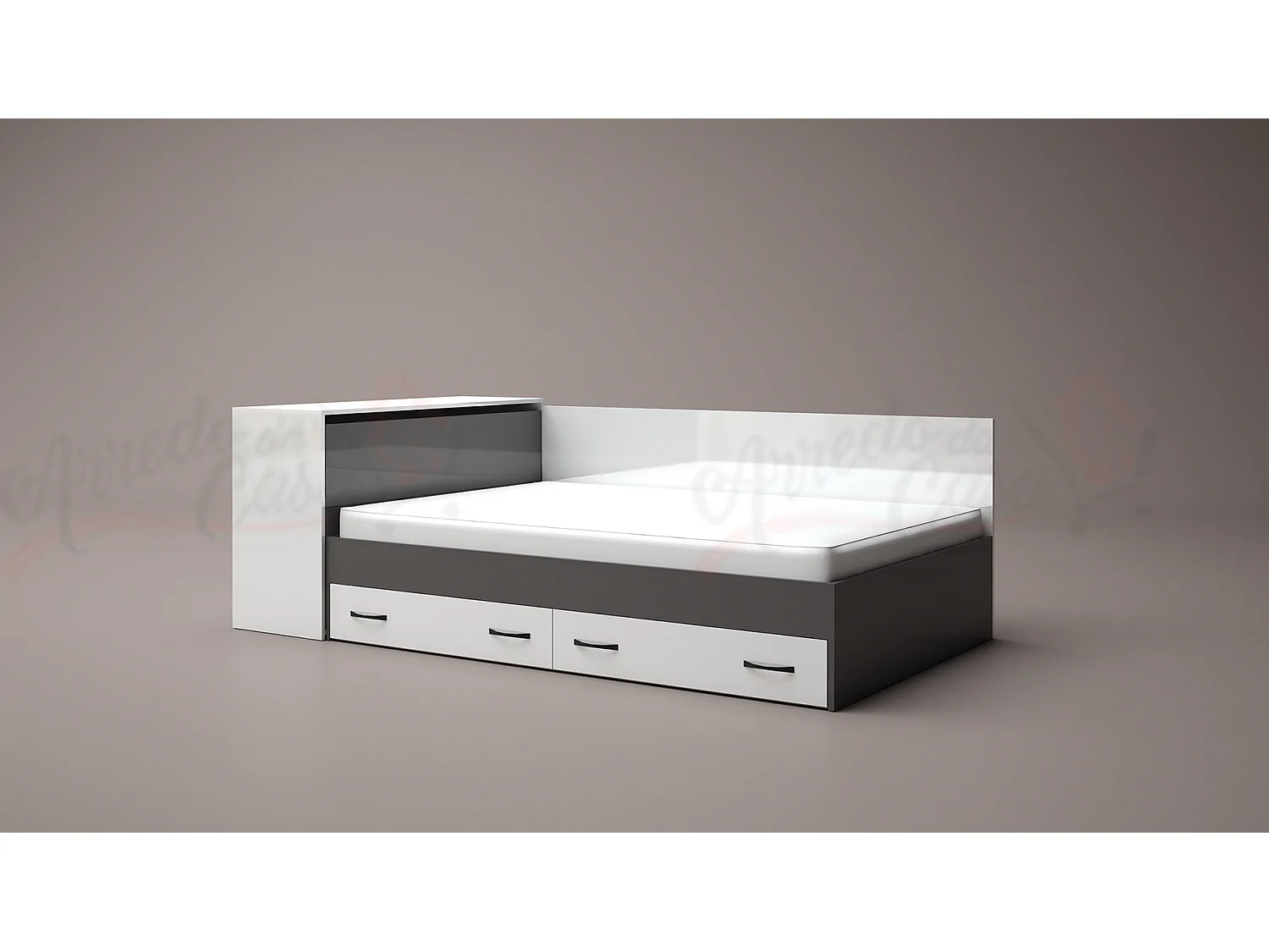 Letto a una piazza e mezza contenitore effetto legno 190x120 bianco lucido e grigio lucido LG3