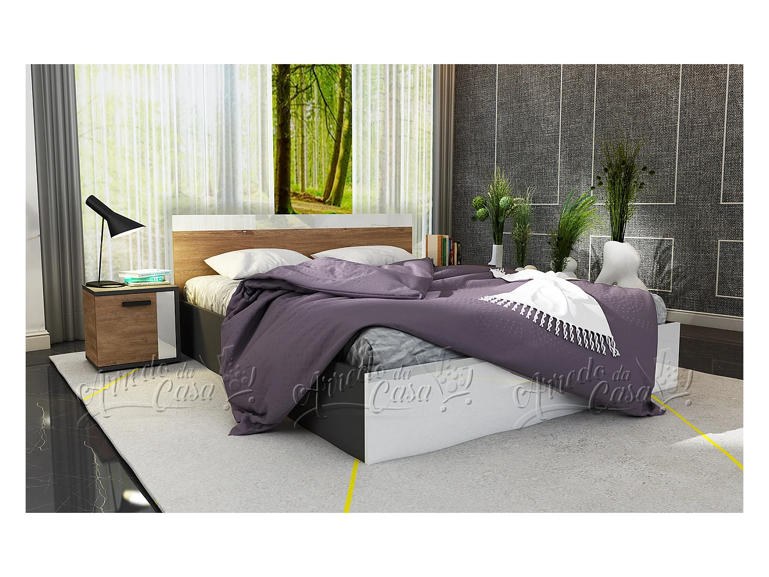 Letto Matrimoniale Moderno con 2 Comodini Struttura Letto Adatta a Materassi 160x200 cm Arredo Bianco Antracite e Noce LU42