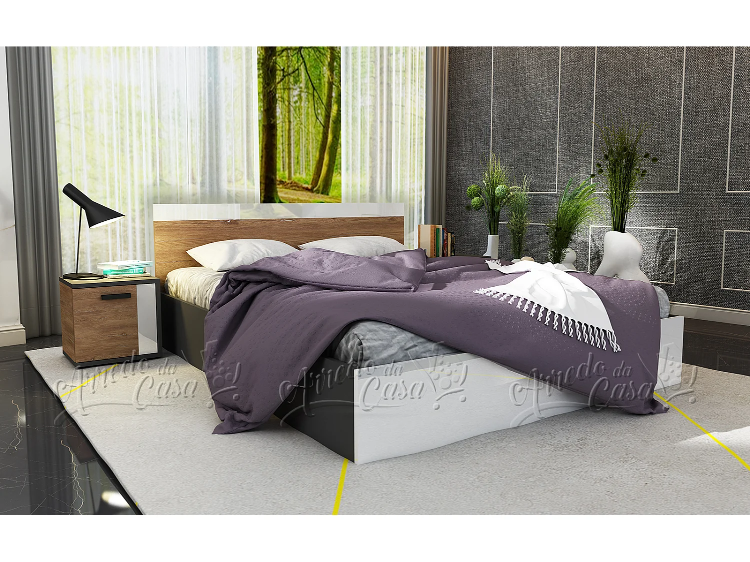 Letto Matrimoniale Moderno con 2 Comodini Struttura Letto Adatta a Materassi 160x200 cm Arredo Bianco Antracite e Noce LU42