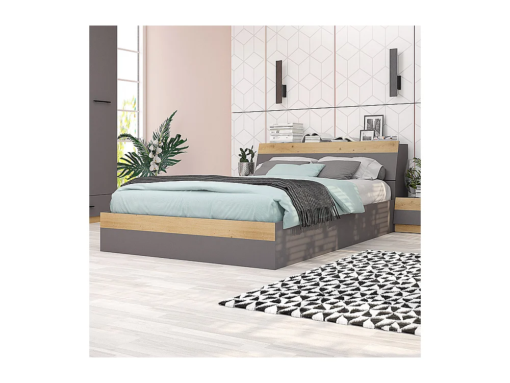 Letto alla francese contenitore 140x200 cm con testiera portaoggetti in grafite e rovere LG39