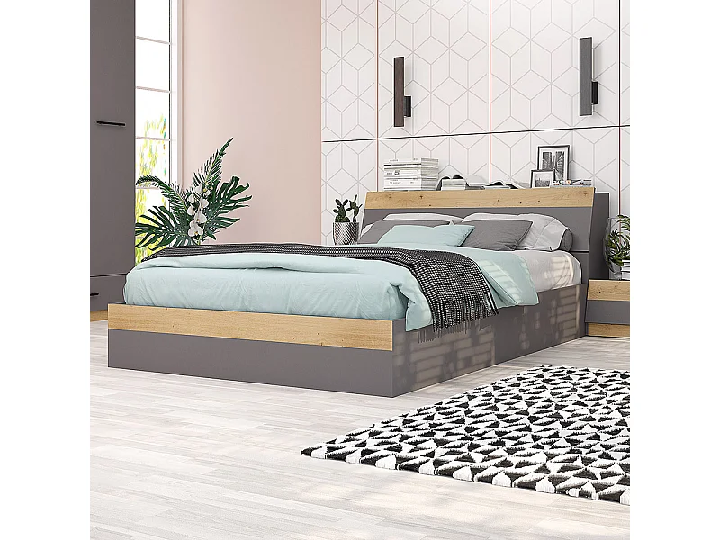 Letto alla francese contenitore 140x200 cm con testiera portaoggetti in grafite e rovere LG39