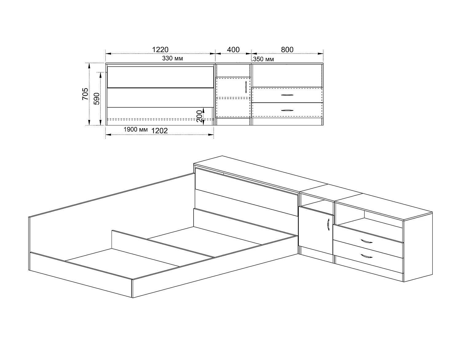 Letto a una piazza e mezza contenitore con cassettoni 190x120 rovere chiaro e scuro LI2