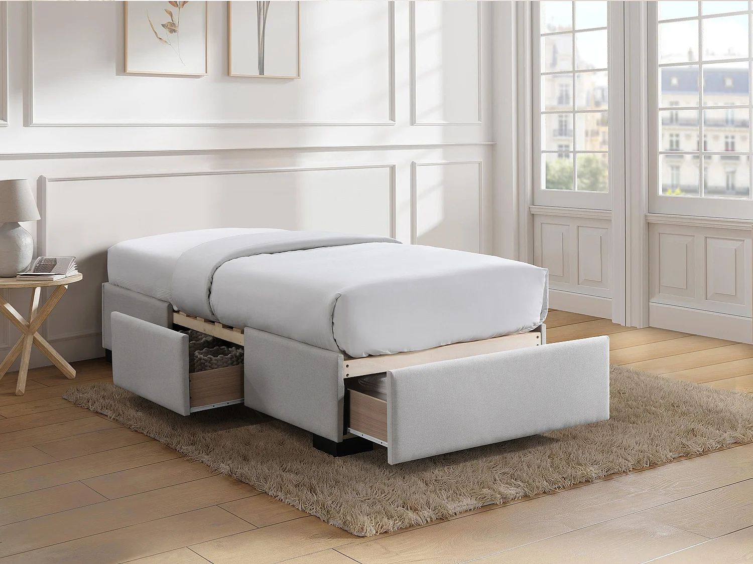 Sommier avec tiroirs 90 x 190 cm - Tissu beige - KOLANE de YSMÉE