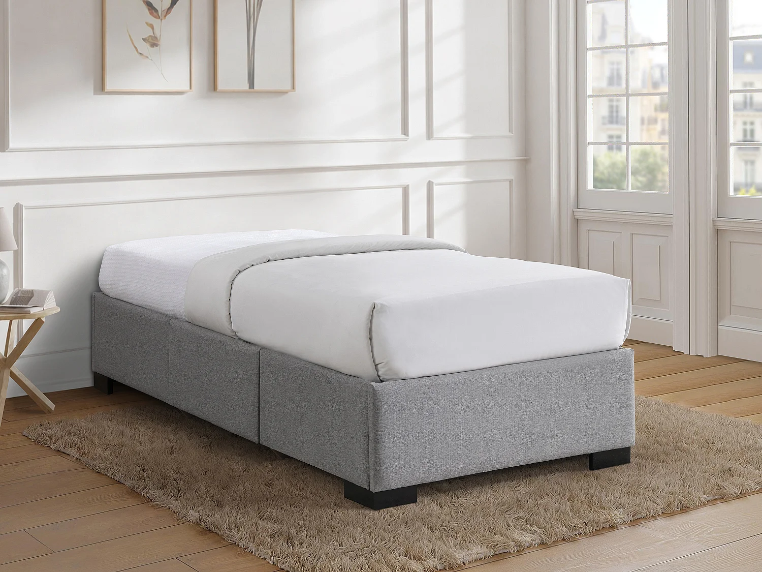 Sommier avec tiroirs 90 x 190 cm - Tissu gris - KOLANE de YSMÉE