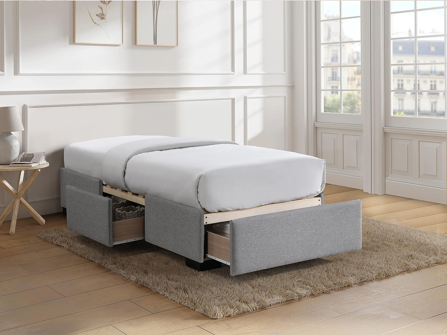 Sommier avec tiroirs 90 x 190 cm - Tissu gris - KOLANE de YSMÉE