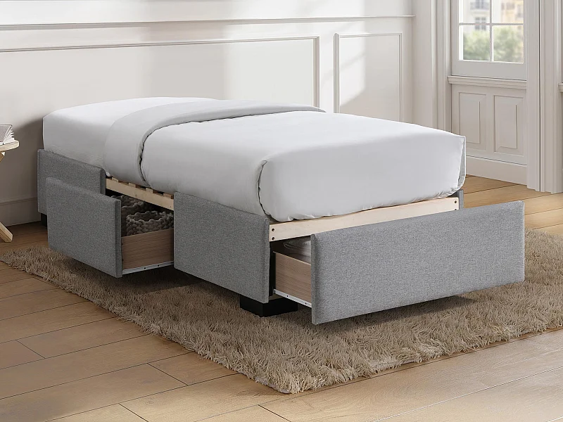 Sommier avec tiroirs 90 x 190 cm - Tissu gris - KOLANE de YSMÉE