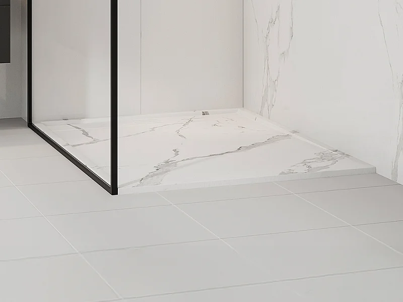 Base de chuveiro extraplana de pousar ou de embutir recortável em resina SMC com sifão, branco mármore, 140 x 90 cm - LYROSA