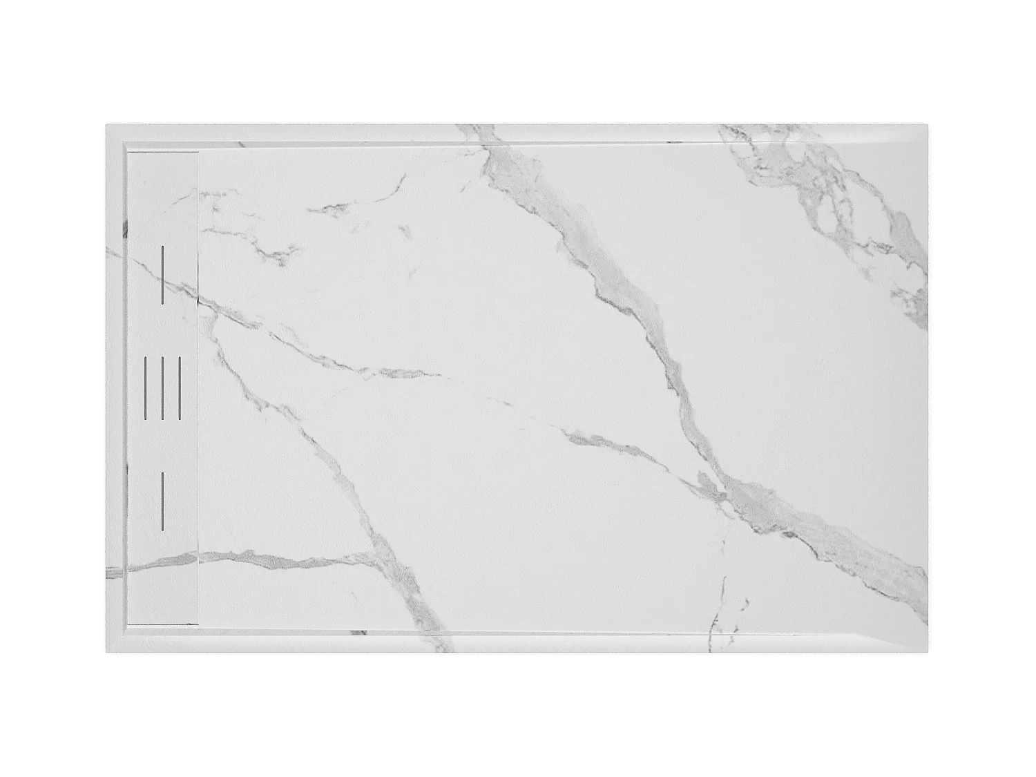 Plato de ducha extraplano de resina SMC, recortable para instalar sobre el suelo o encastrado con sifón - Blanco marmolado - 140 x 90 cm - LYROSA