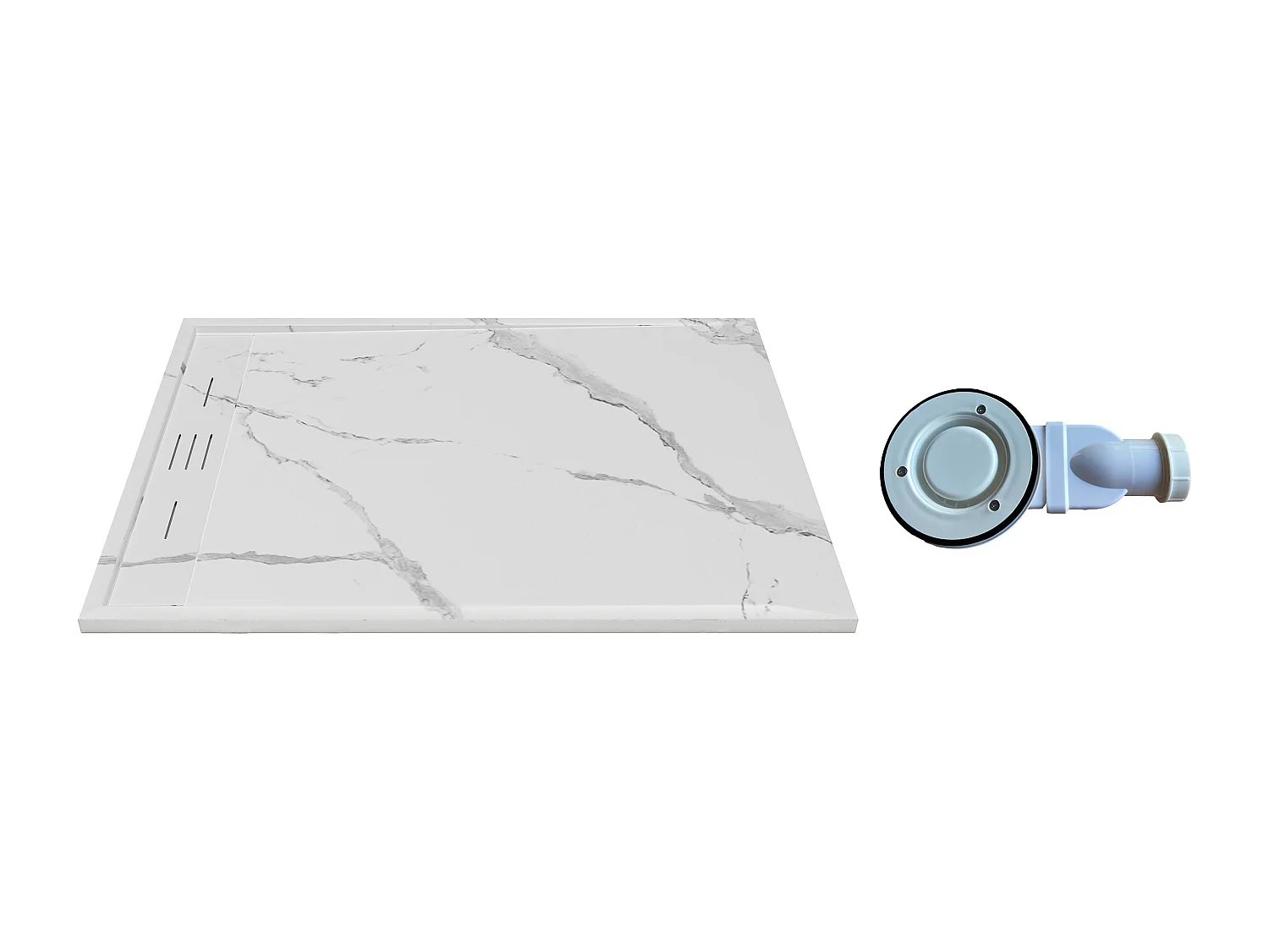 Receveur de douche extra plat à poser ou à encastrer recoupable en résine SMC avec siphon - Blanc marbré - 140 x 90 cm - LYROSA