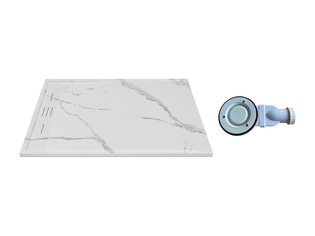 Receveur extra-plat à poser ou à encastrer découpable en résine SMC avec siphon - Blanc marbré - 120 x 90 cm - LYROSA