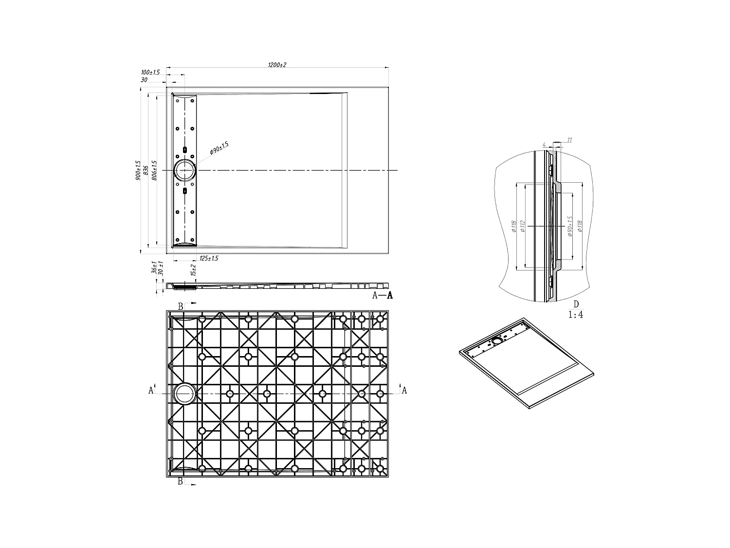 Plato de ducha extraplano de resina SMC, recortable para instalar sobre el suelo o encastrado - Blanco veteado - 120 x 90 cm - LYROSA
