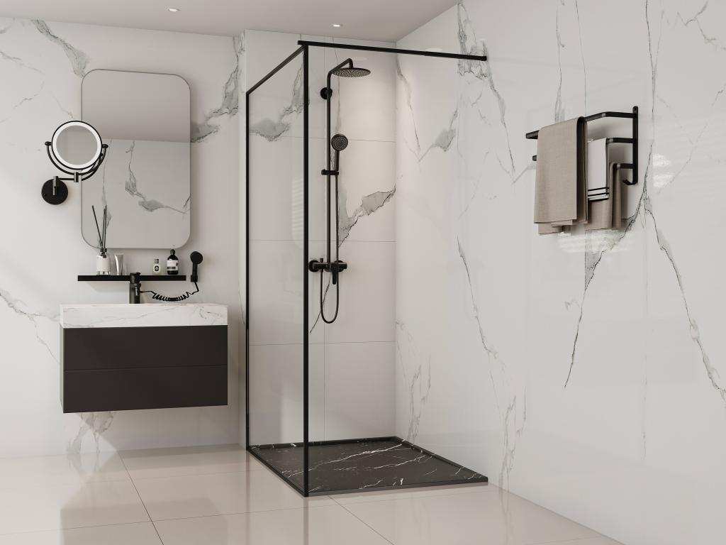 Receveur extra-plat à poser ou à encastrer découpable en résine SMC avec siphon - Noir marbré - 120 x 90 cm - LYROSA