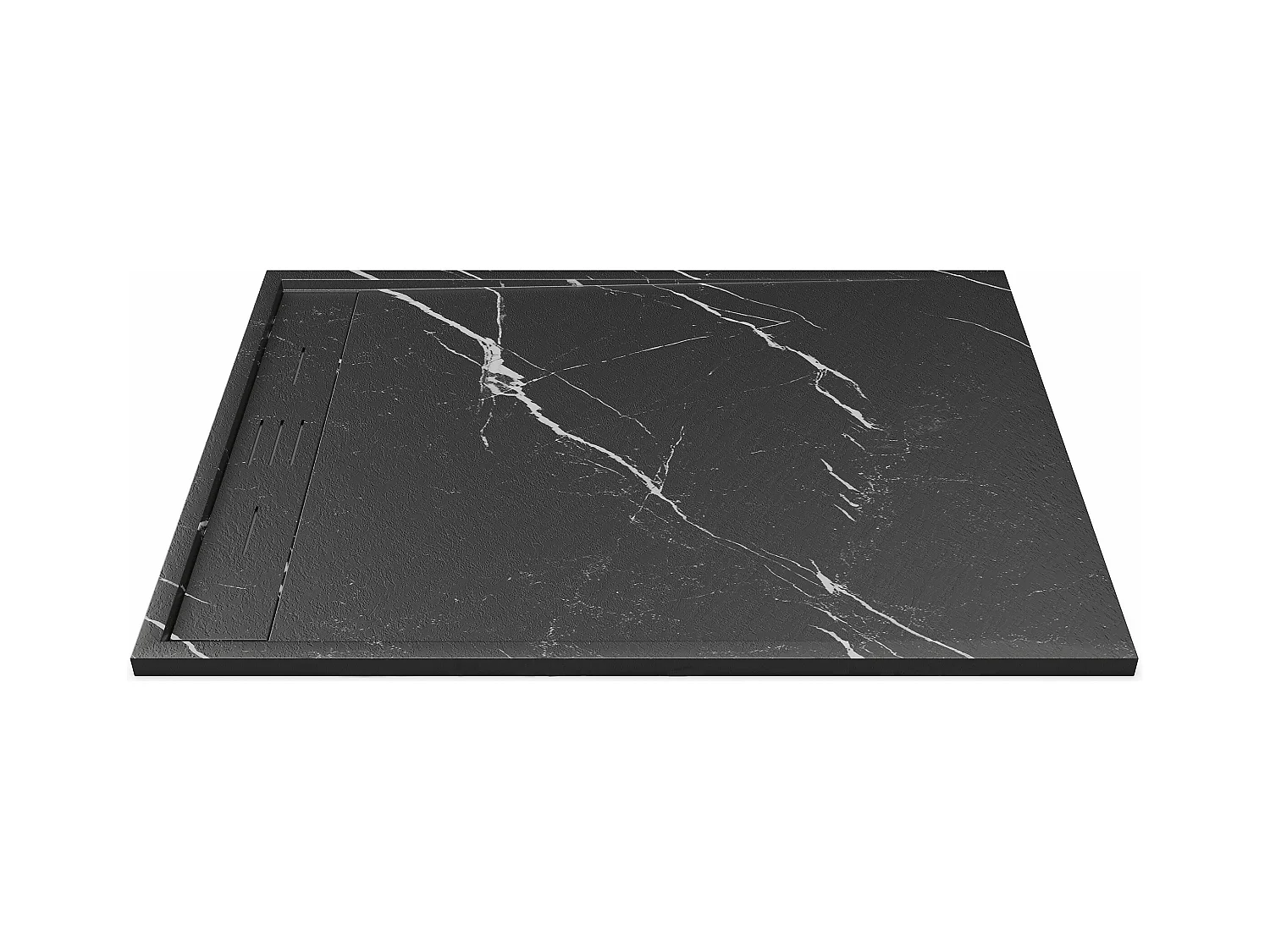 Ekstra-flad afløbsbund til placering eller til inkorporering, kan afskæres i SMC-resin med vandlås - Marmoreret sort - 120 x 90 cm - LYROSA