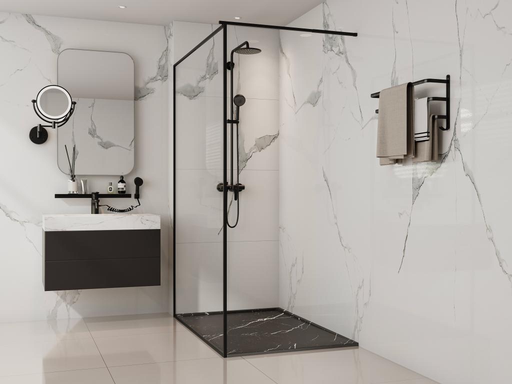 Receveur extra-plat à poser ou à encastrer découpable en résine SMC avec siphon - Noir marbré - 140 x 90 cm - LYROSA