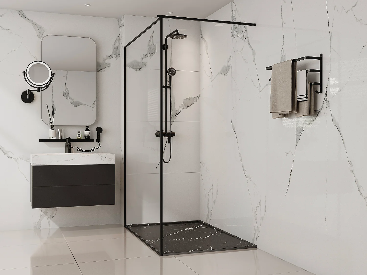 Receveur de douche extra plat à poser ou à encastrer recoupable en résine SMC avec siphon - Noir marbré - 140 x 90 cm - LYROSA
