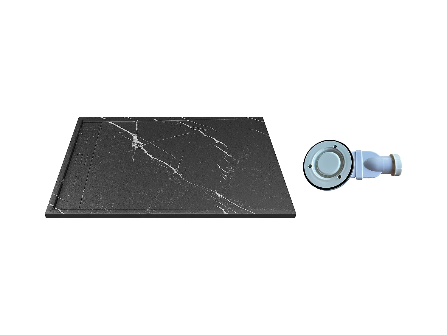 Plato de ducha extraplano de resina SMC, recortable para instalar sobre el suelo o encastrado con sifón - Negro marmolado - 140 x 90 cm - LYROSA