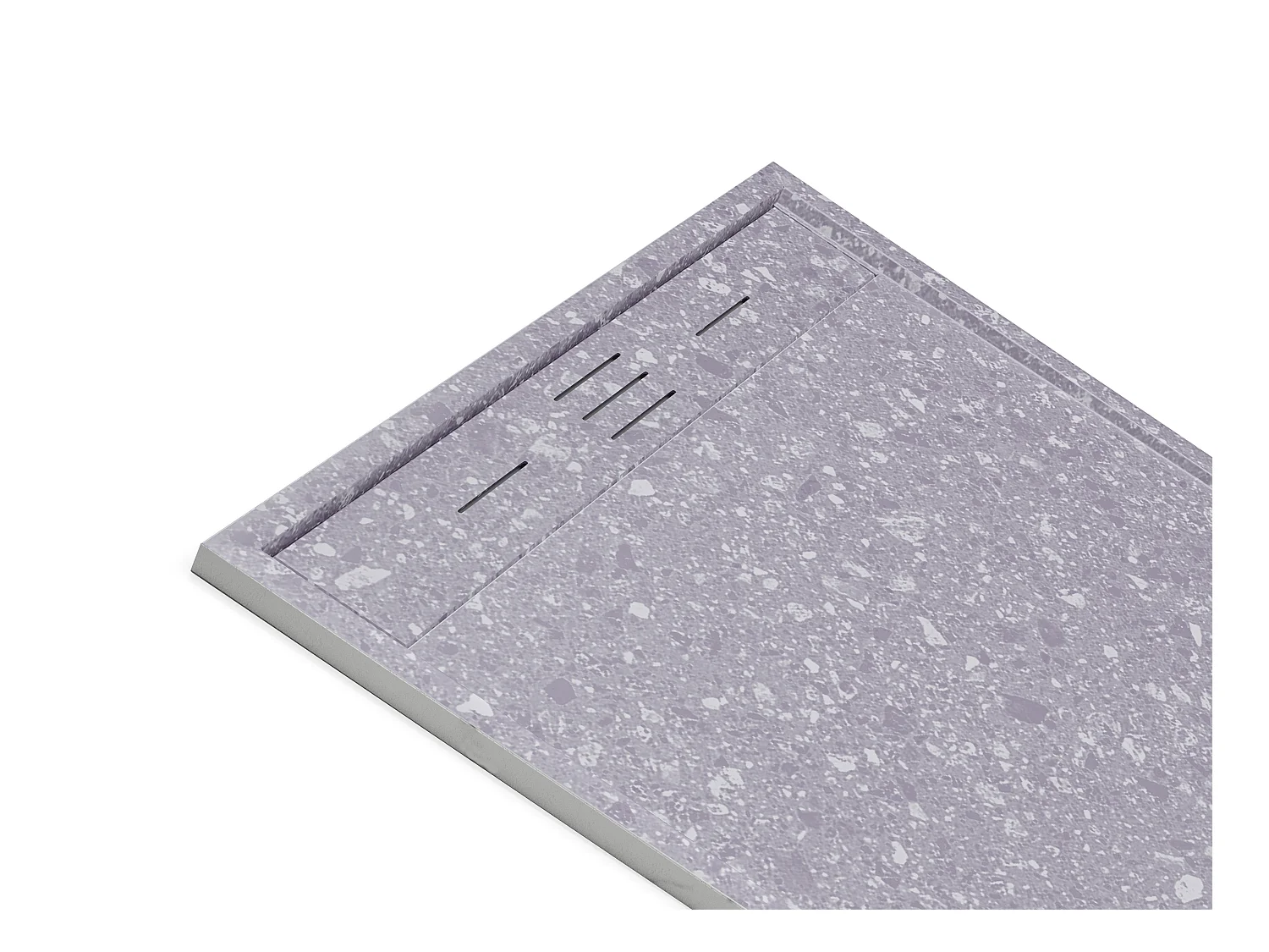 Plato de ducha extraplano de resina SMC, recortable para instalar sobre el suelo o encastrado con sifón - Efecto terrazo gris - 120 x 90 cm - LYROSA
