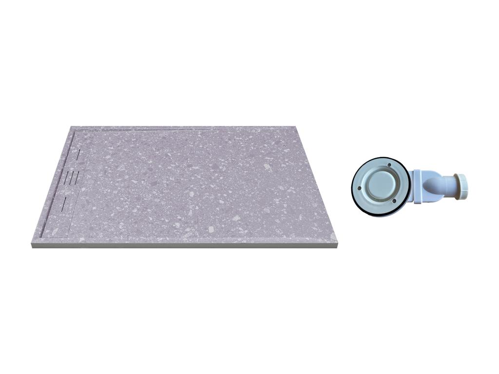 Receveur extra-plat à poser ou à encastrer découpable en résine SMC avec siphon - Effet terrazzo gris - 140 x 90 cm - LYROSA
