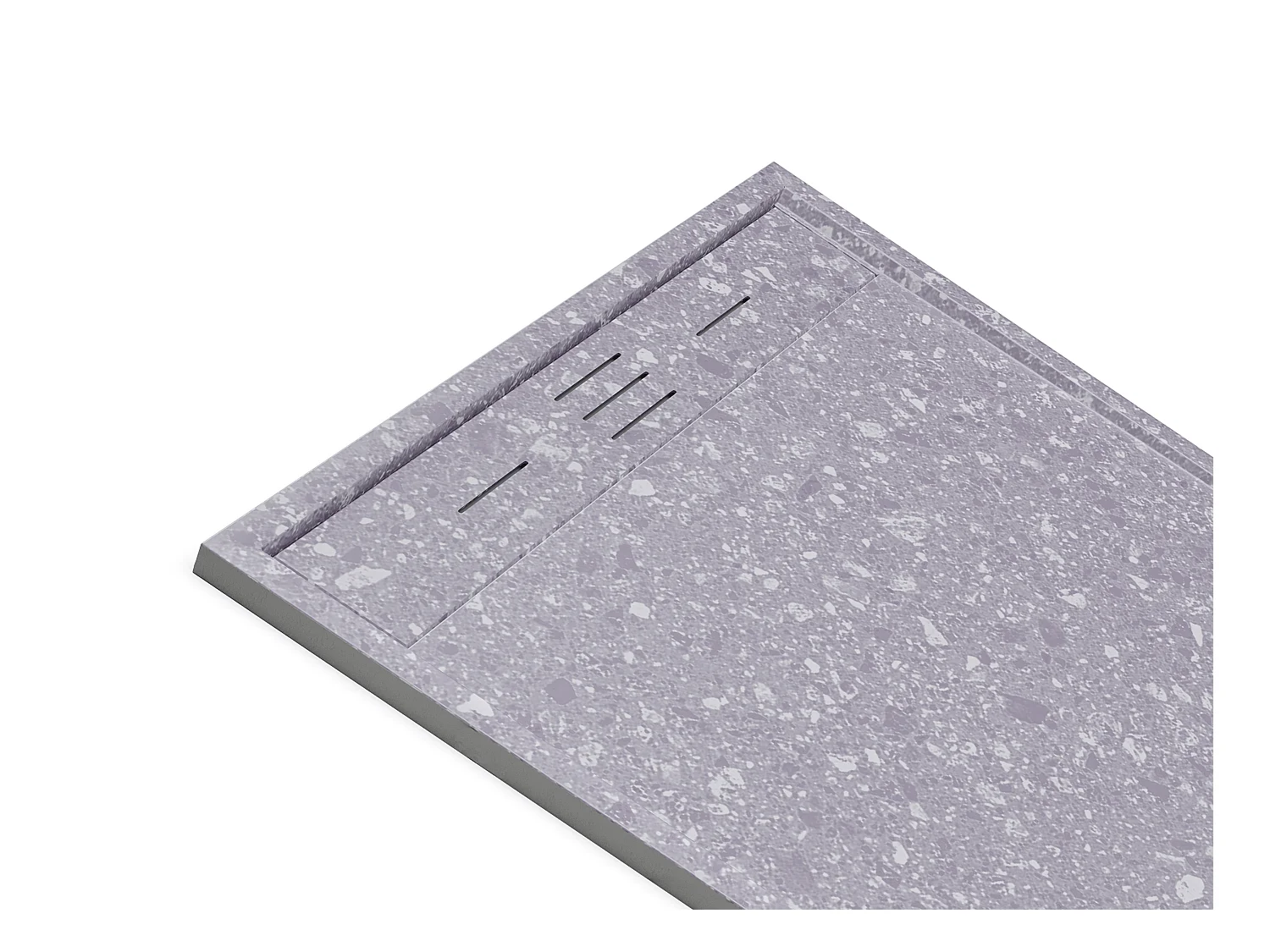 Plato de ducha extraplano de resina SMC, recortable para instalar sobre el suelo o encastrado con desagüe - Efecto terrazo gris - 140 x 90 cm - LYROSA