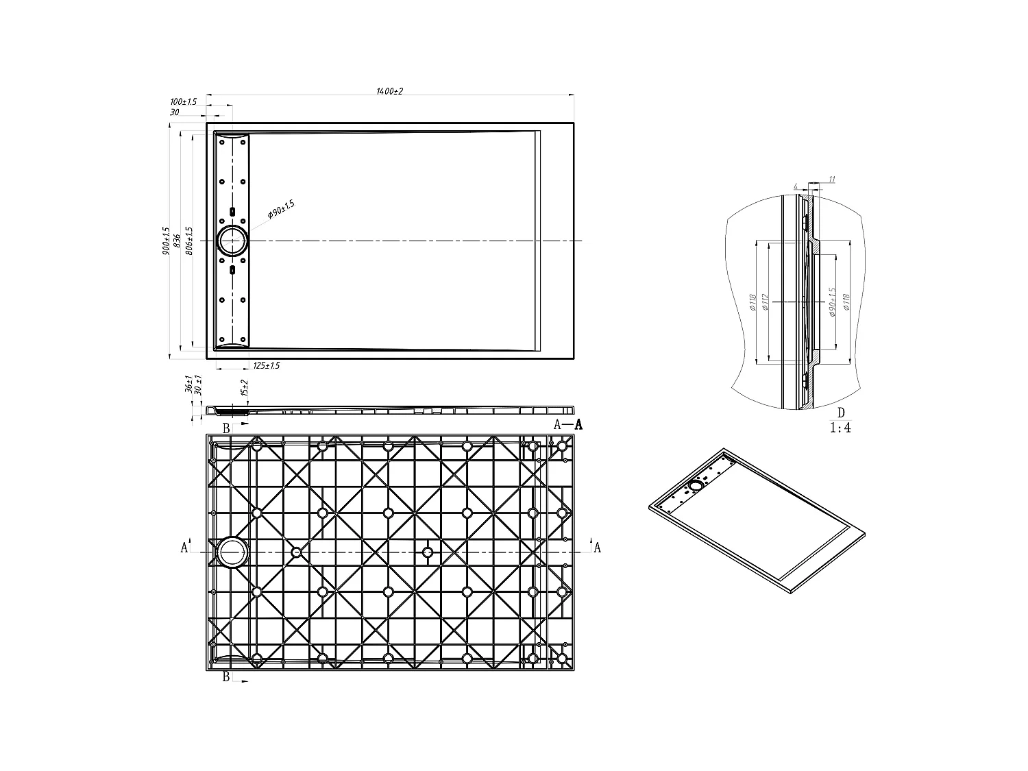 Plato de ducha extraplano de resina SMC, recortable para instalar sobre el suelo o encastrado con desagüe - Efecto terrazo gris - 140 x 90 cm - LYROSA